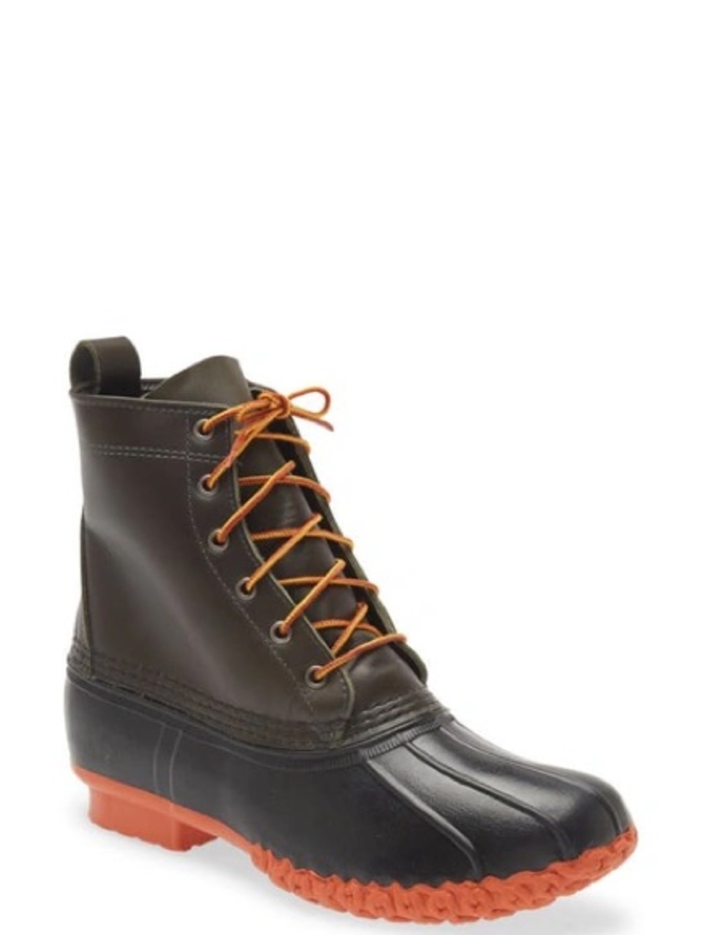 L.L. Bean Olive and Black Duck Boot with Orange Laces